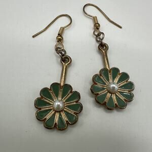 Dangle Drop Earrings Flower Faux Pearl Green Blue Costume Jewelry Cottage Dainty